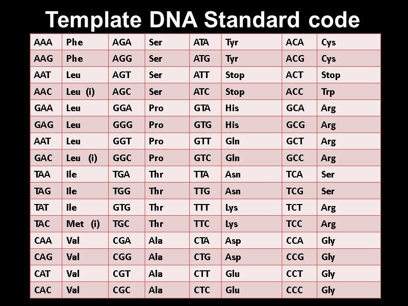 Template DNA Standard code